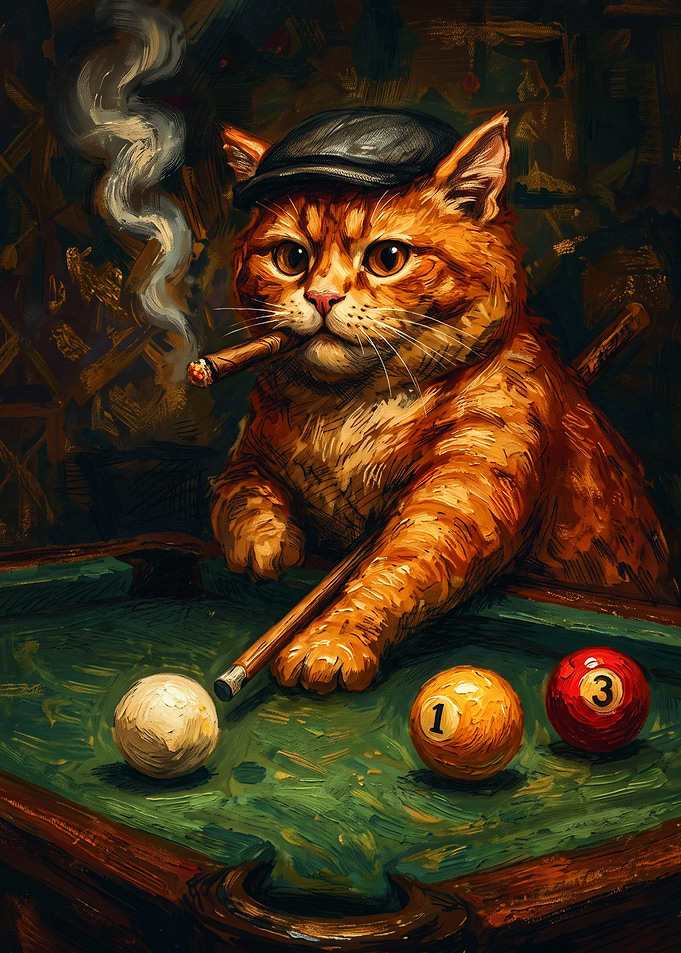 Cat Playing Pool Bubbly Art Oil Painting