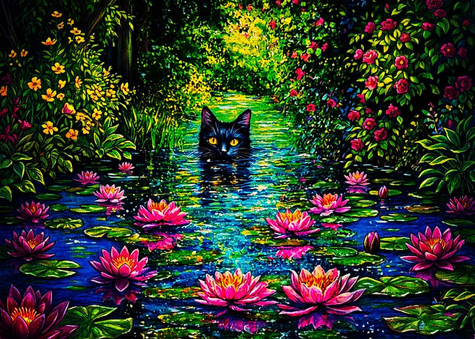 Black Cat in Lotus Pond