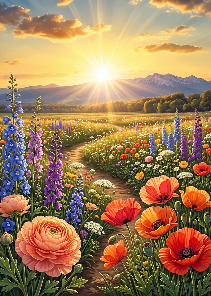 Sunset Meadow Path with Wildflowers