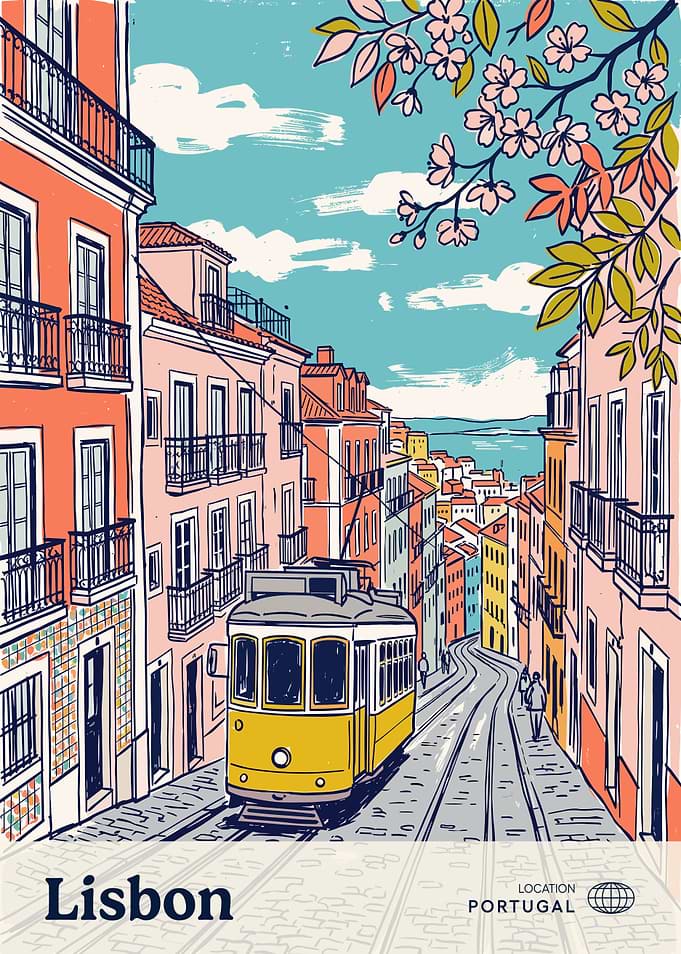 Lisbon Street Scene with Yellow Tram