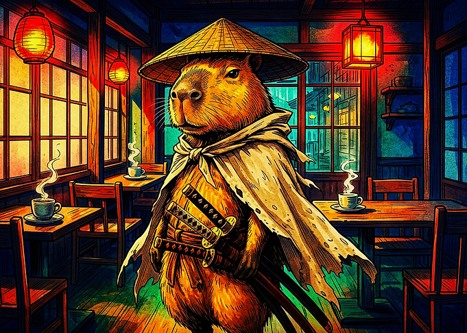 Samurai Capybara in Japanese Tea House