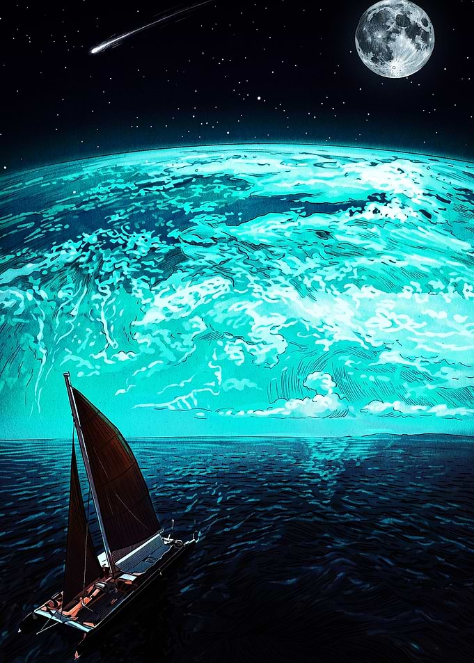 Sailboat Under a Glowing Planet