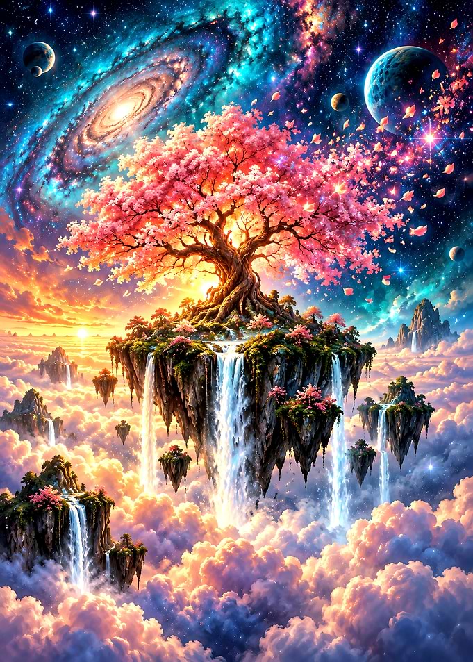 Floating Cherry Blossom Island in Space