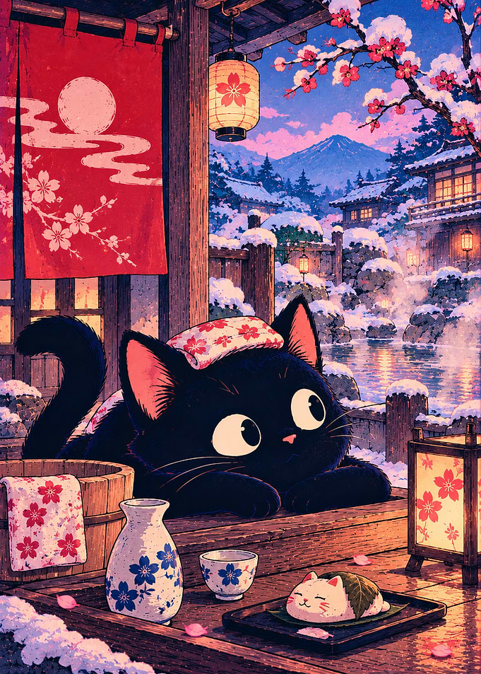 Black Cat Relaxing in Japanese Onsen