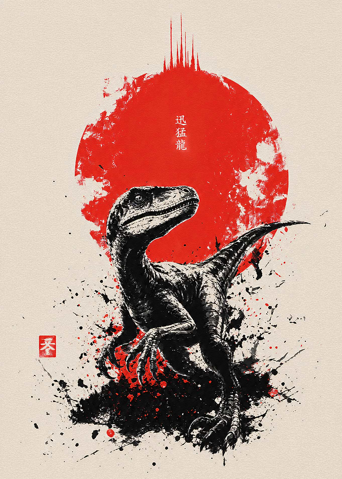 Japanese Style Velociraptor Ink Illustration