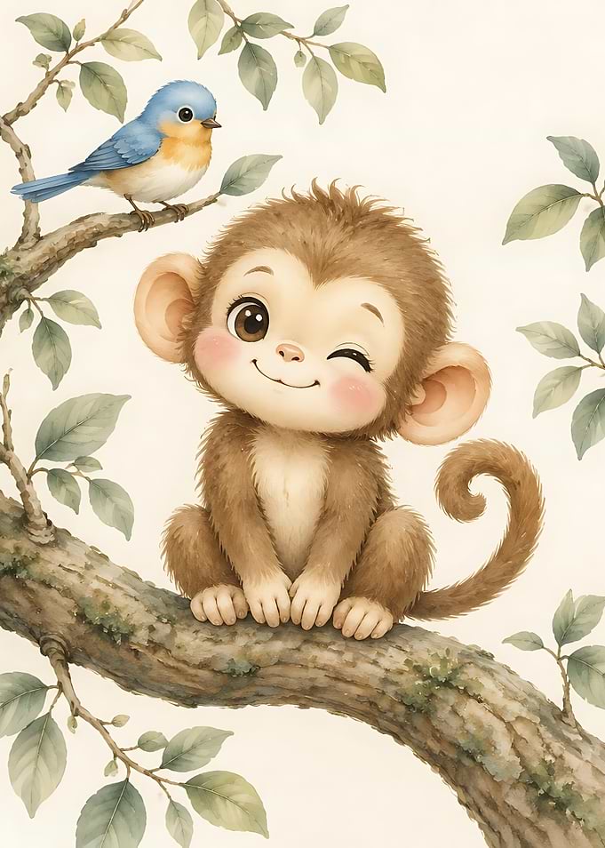 Cute Monkey and Bluebird Illustration