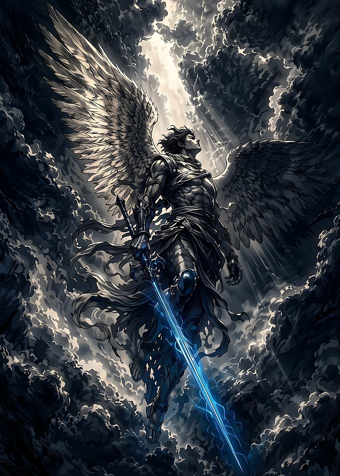 Warrior Angel with Glowing Blue Sword