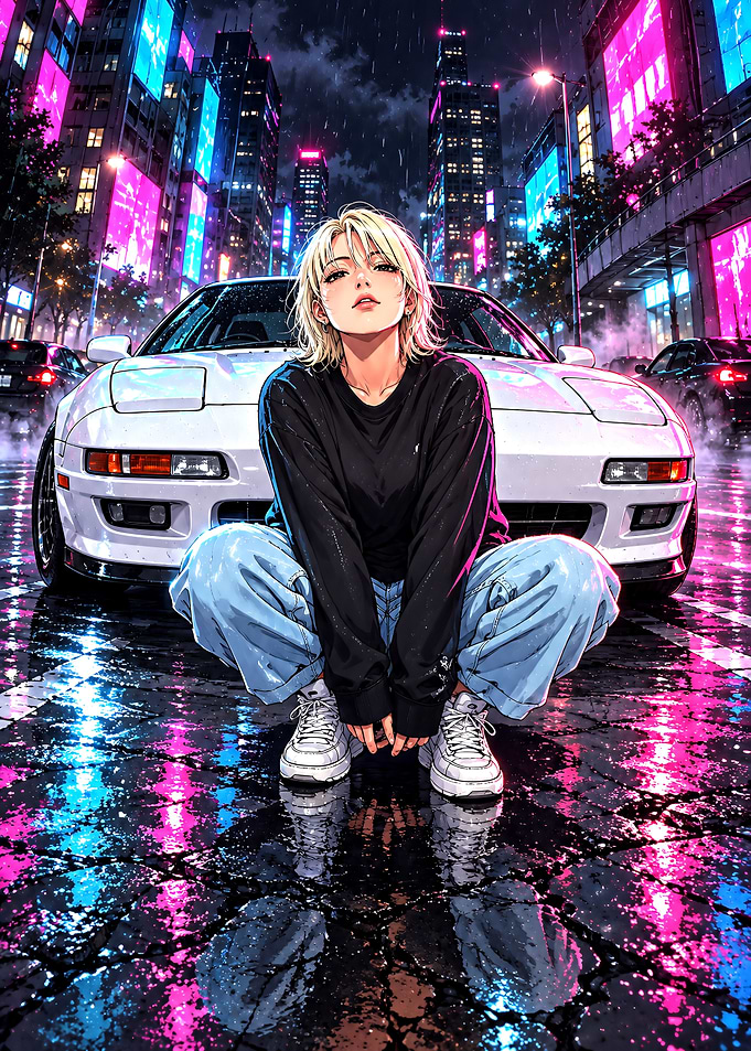 Anime Girl Squatting Before Sports Car