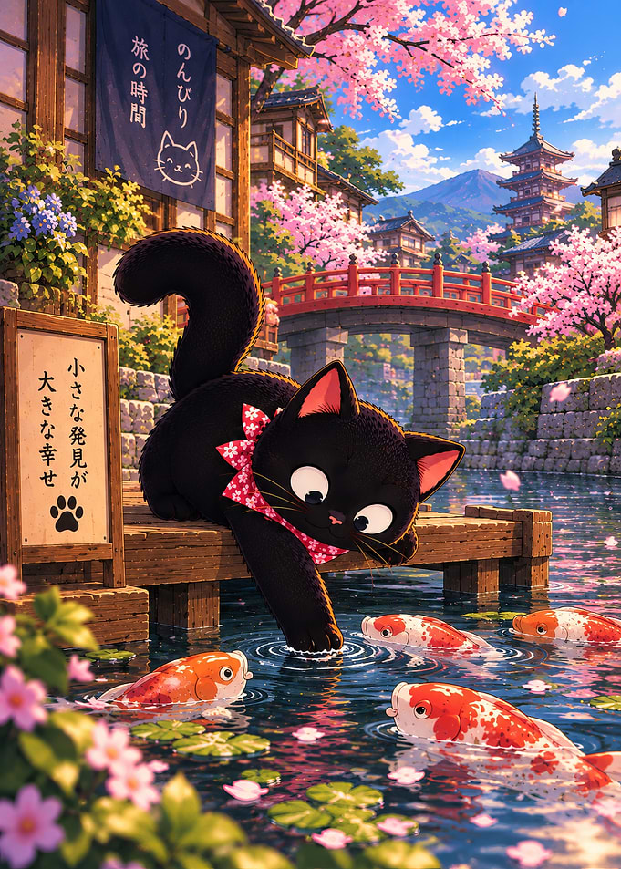 Black Cat Playing with Koi Fish