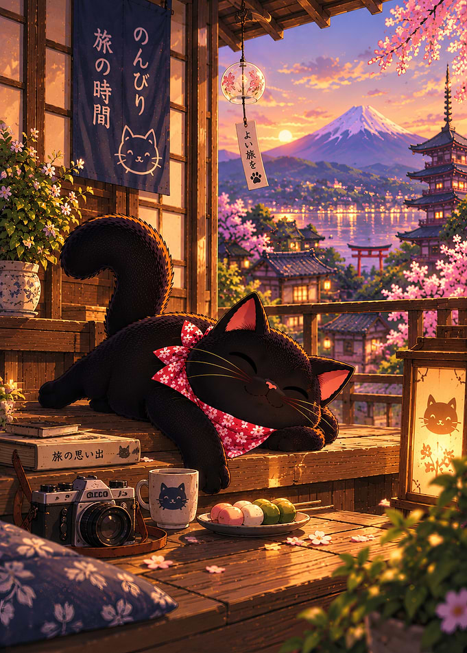 Cozy Black Cat Resting at Sunset