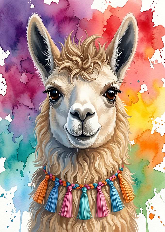 Colorful Watercolor Llama Portrait