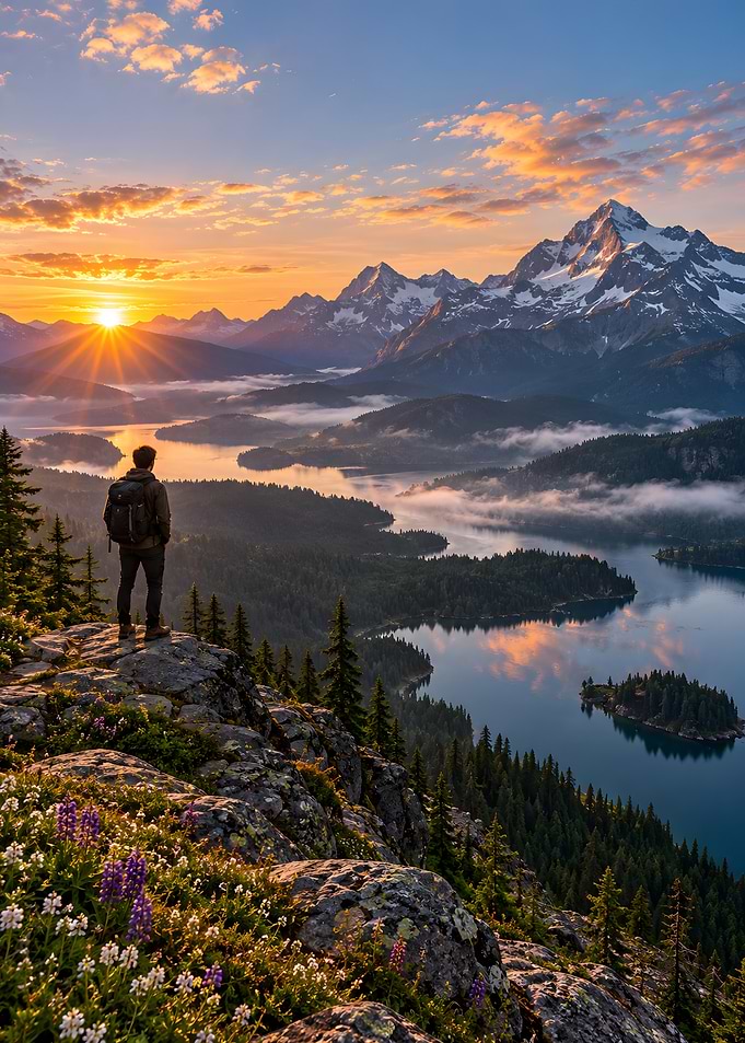 Hiker overlooking mountain lake at sunrise