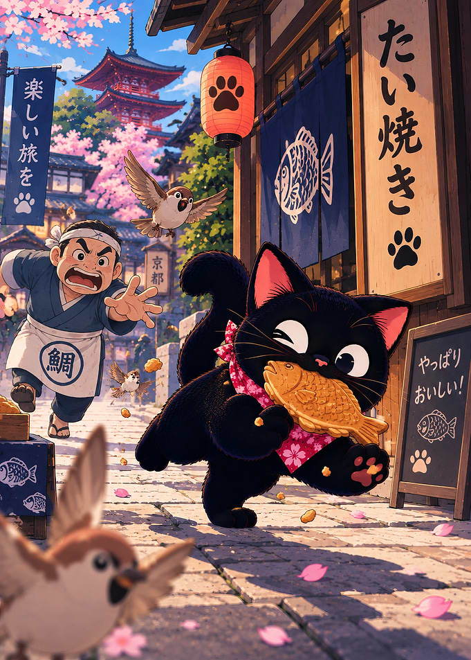 Black Cat Stealing Taiyaki