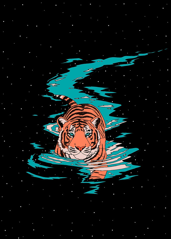 Tiger Swimming Through Starry Space