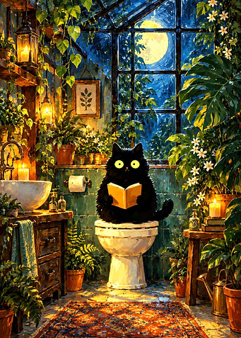 Black Cat Reading on Toilet