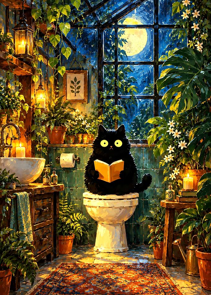 Black Cat Reading on Toilet