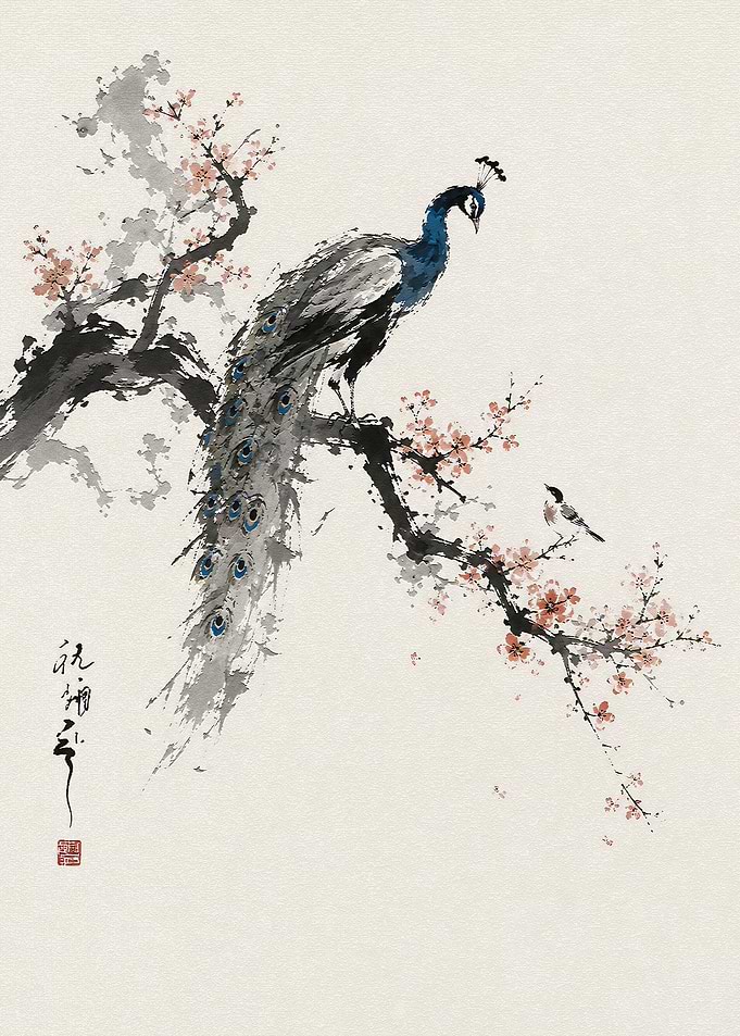 Peacock and Small Bird Ink Painting