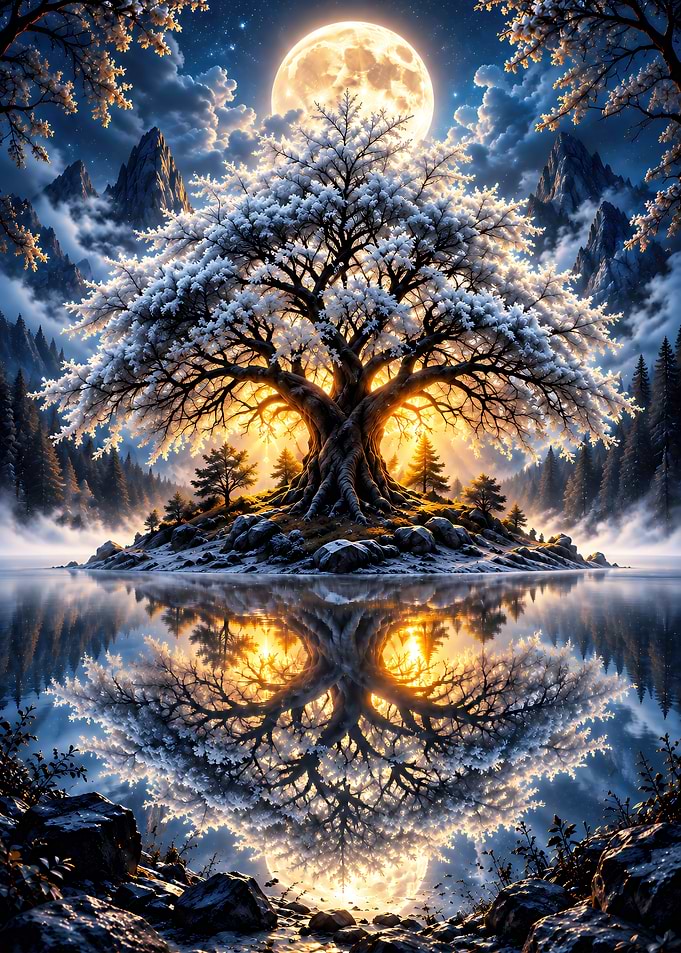 Glowing Winter Tree Under Full Moon