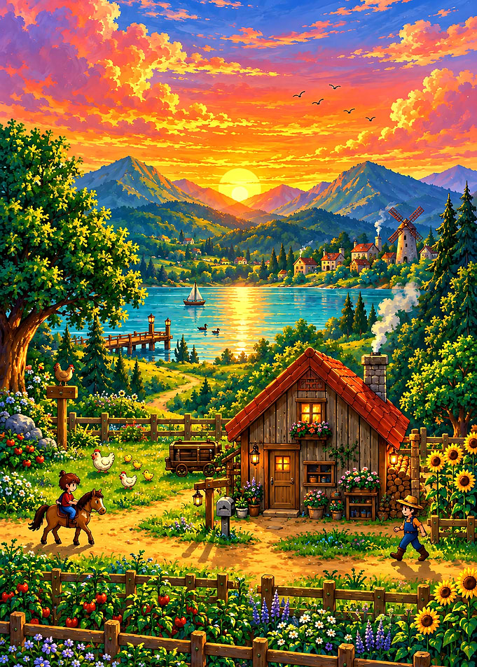 Stardew Valley Idyllic Farmhouse Sunset Landscape