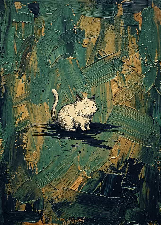 Sitting White Cat, Cats, Abstract Oil Painting