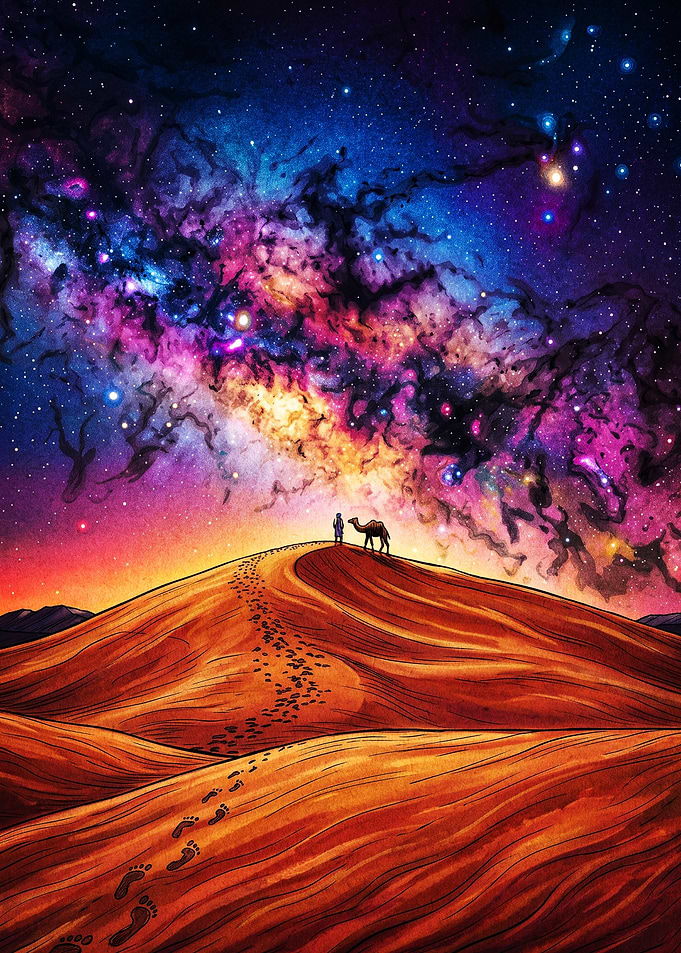Traveler and Camel Under Galaxy Sky