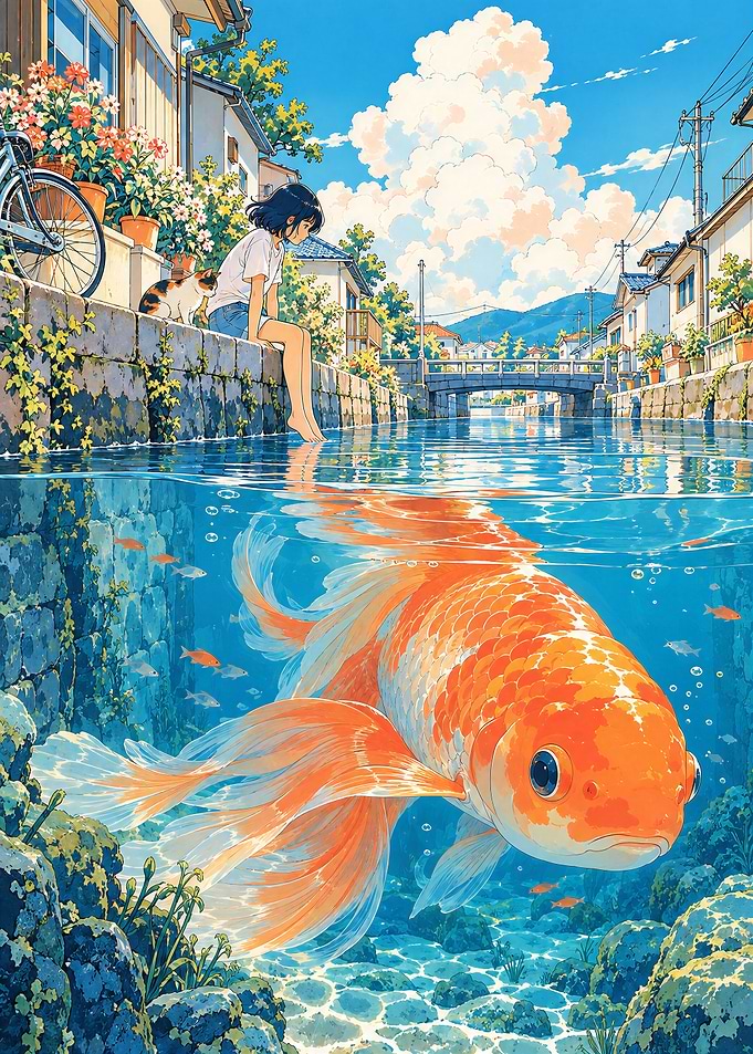 Girl and Giant Goldfish in Canal
