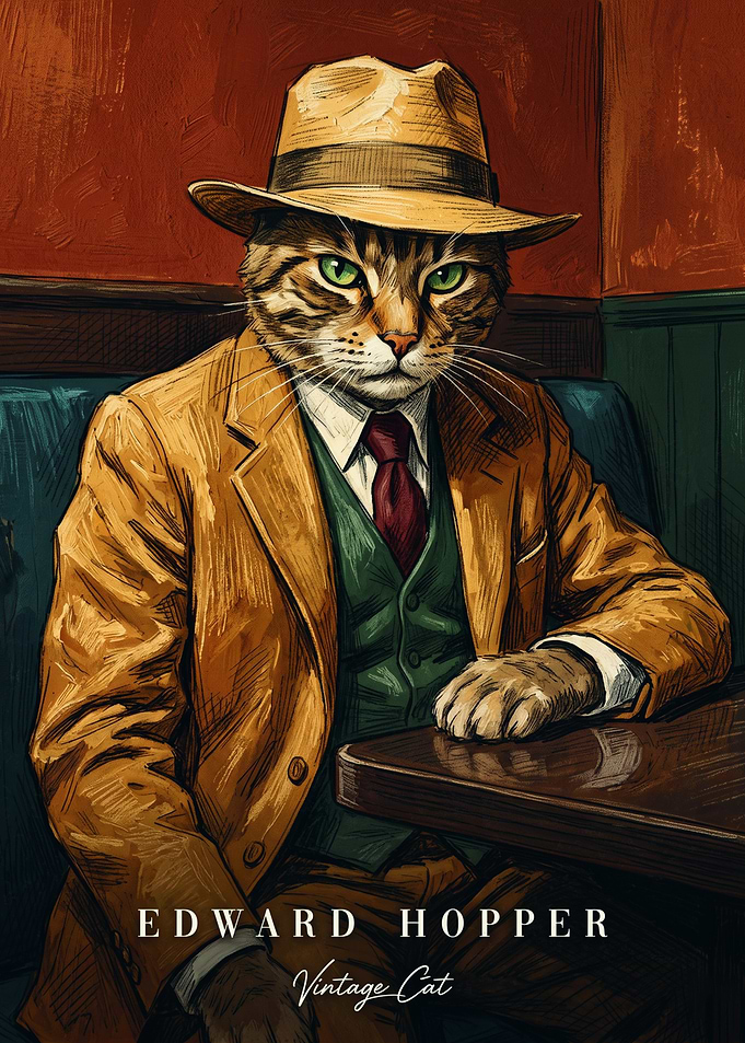 Detective Cat Vintage Diner Art Edward Hopper Style