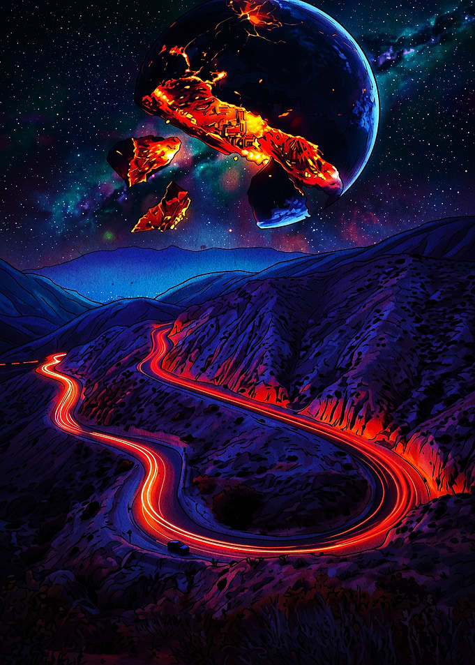 Exploding Planet Over Winding Road