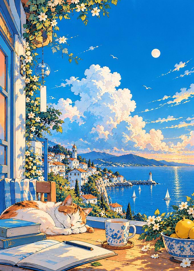 Sleeping Cat on Mediterranean Balcony