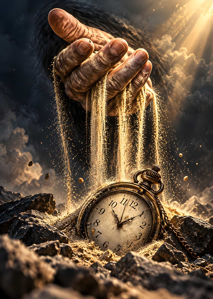Giant Hand Pouring Sand Over Clock