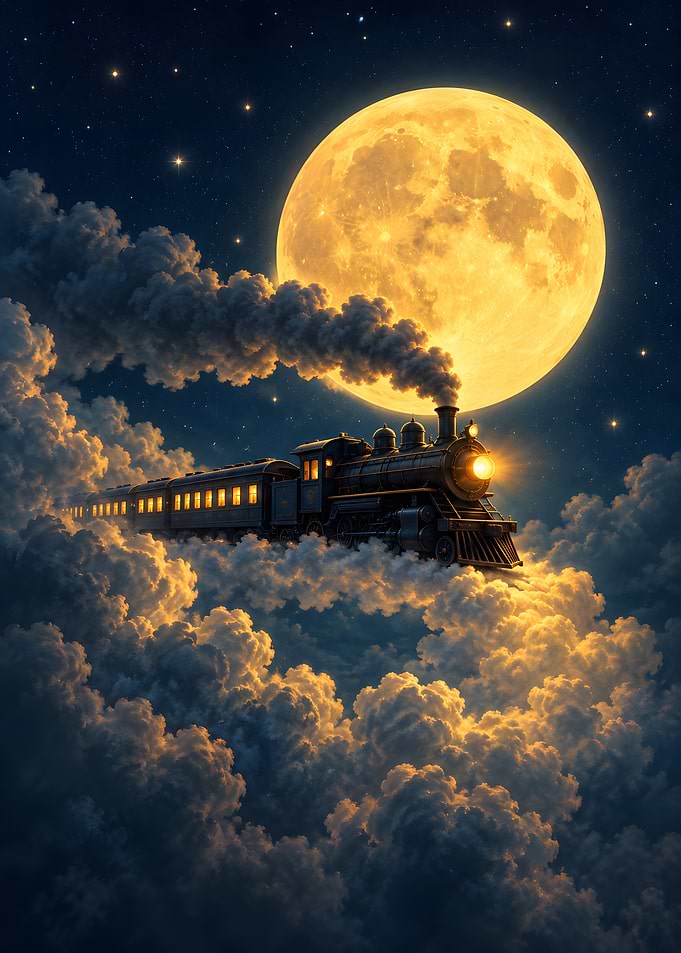 Steam Train Traveling Through Clouds