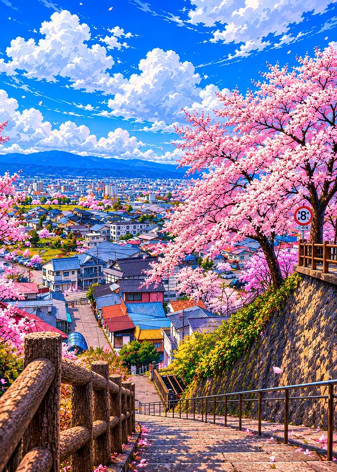 Cherry Blossom View Over Japanese Town