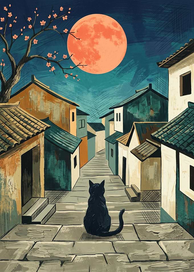 Cat Alleyway Moon Japanese Art