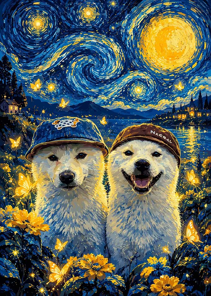 Two Dogs in Starry Night Style