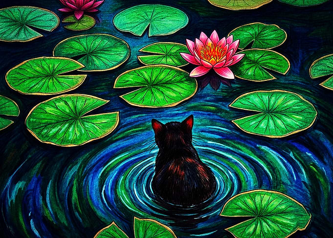 Black Cat in Lotus Pond