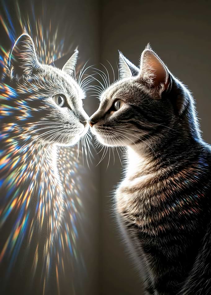 Cat Touching Its Radiant Reflection
