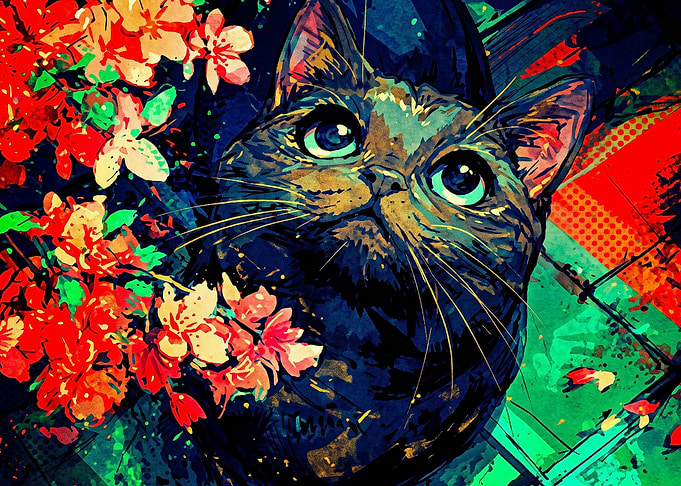Vibrant Pop Art Cat with Flowers