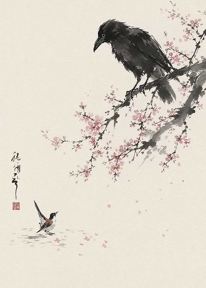 Ink Wash Painting of Crow and Bird