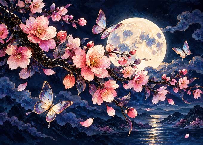 Cherry Blossoms and Butterflies Under Moonlight