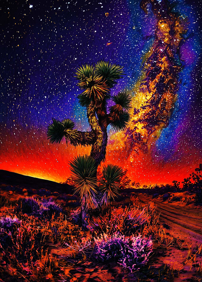 Vibrant Joshua Tree Under Cosmic Sky