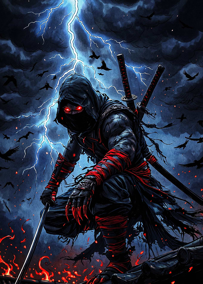 Stormy Ninja Warrior with Glowing Eyes