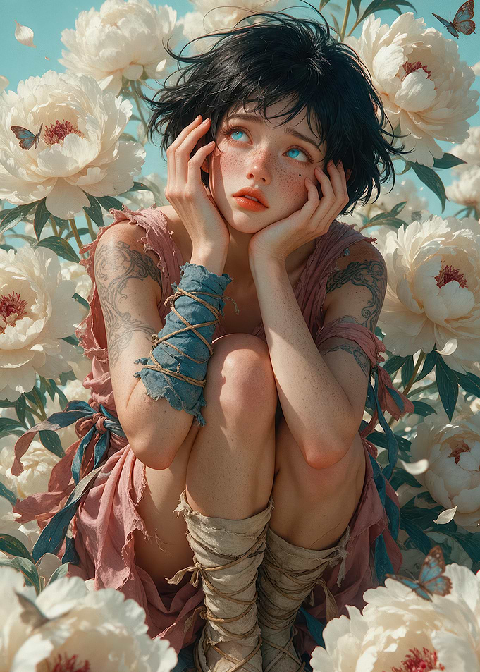 Dreamy Girl Among White Peonies