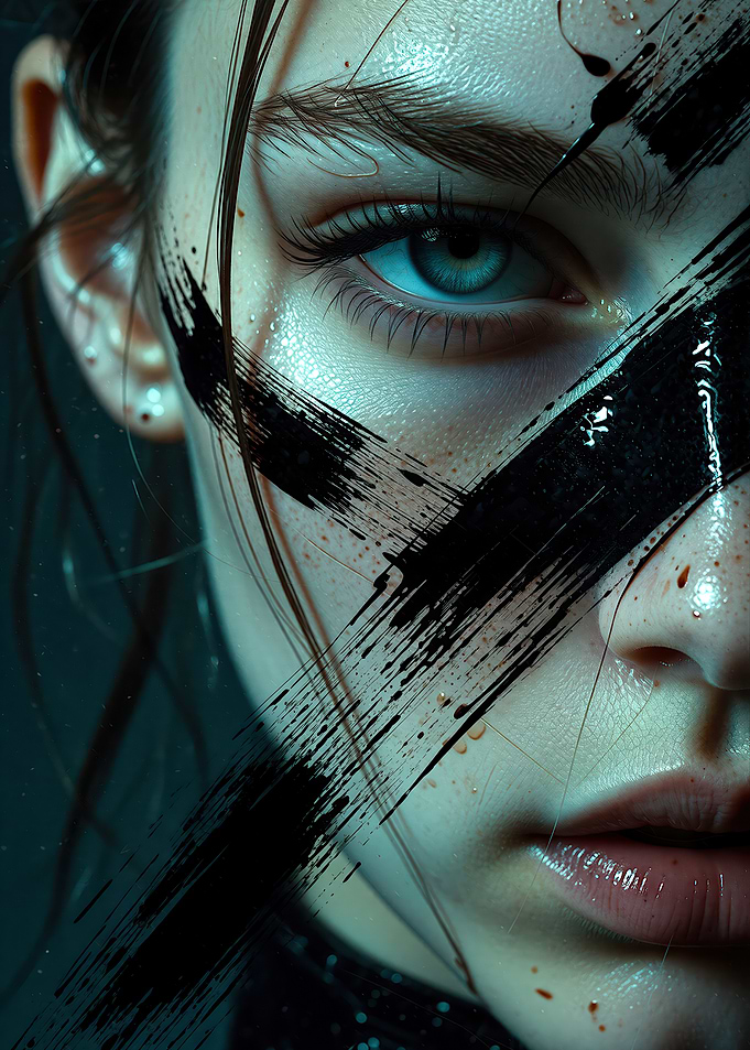Portrait with Bold Black Paint Stroke