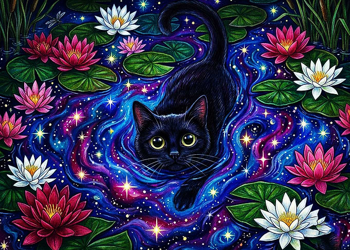 Black Cat in Cosmic Lotus Pond