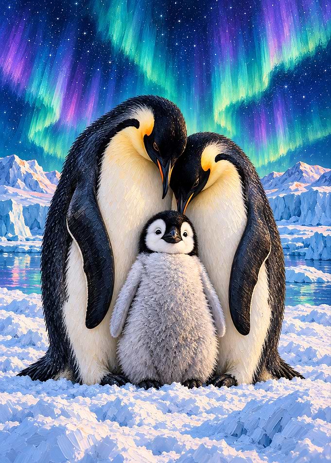 Penguin Family Under Northern Lights