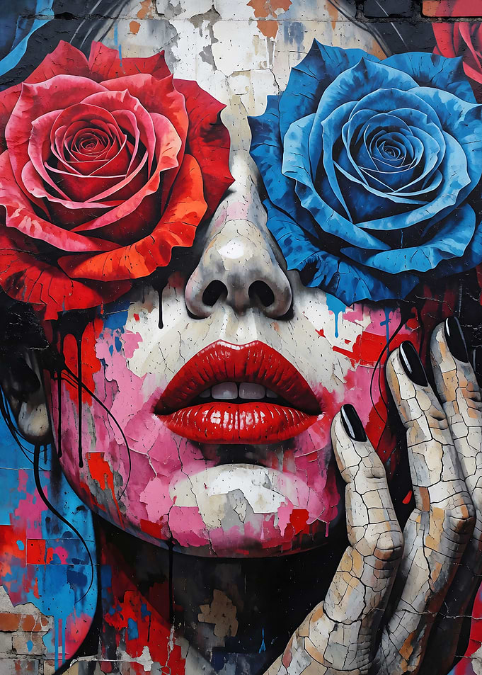 Street Art Woman Portrait with Roses