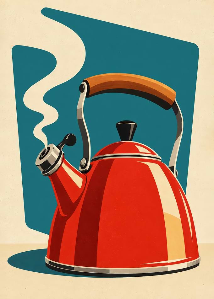 Vintage Whistling Kettle Poster – Retro Mid-Century Kitchen Wall Art