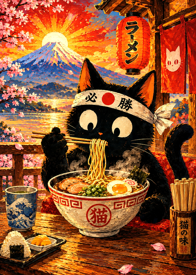 Black Cat Eating Ramen at Sunset