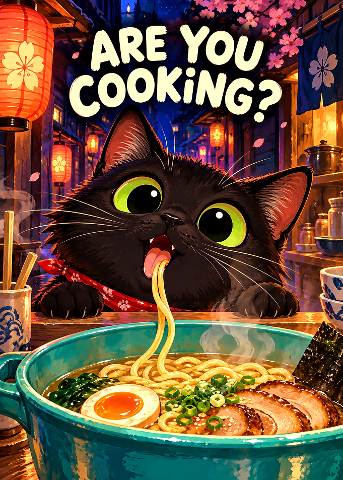 Cute Black Cat Eating Ramen