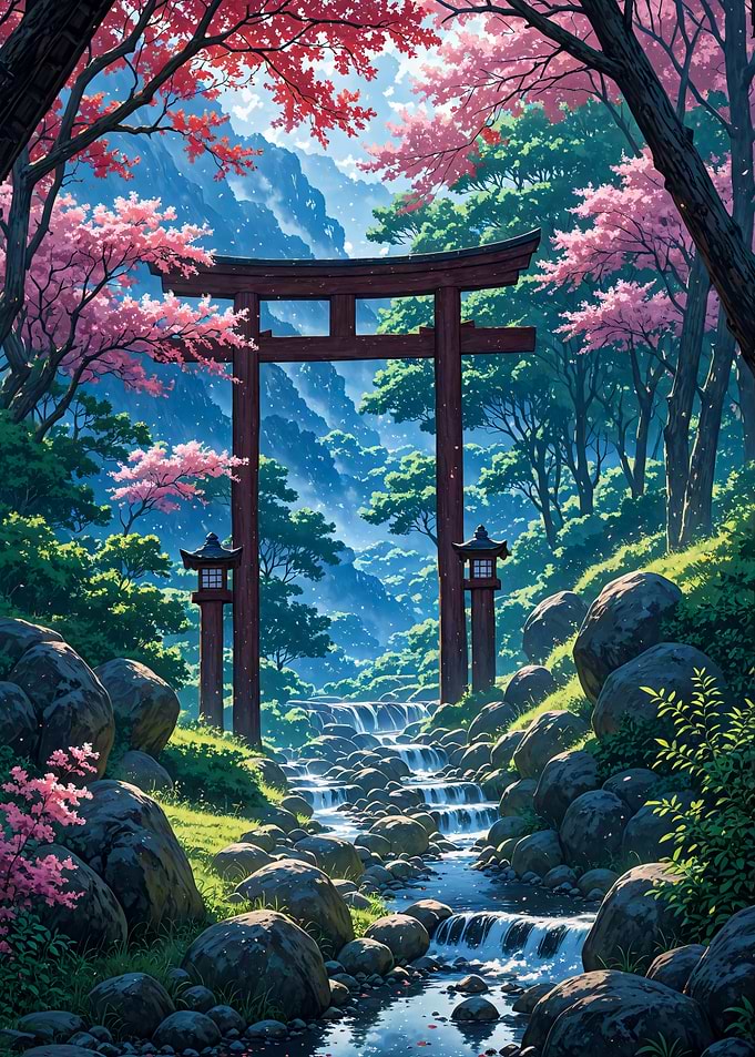 Cherry Blossom Torii Gate in Enchanted Forest